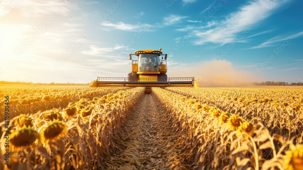 Fototapeta premium A picturesque scene of vast fields of sunflowers being harvested under a bright blue sky.