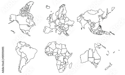 Outline of Map of all continents in the world with regions.