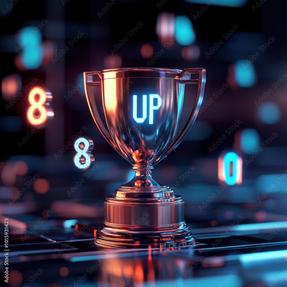 Shiny trophy with 8 UP text on a vibrant digital background. Shiny trophy with 8 UP text on a vibrant digital background.
