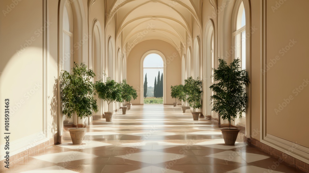 An ornate hall featuring high ceilings adorned with intricate frescoes and large arched windows that overlook a beautifully manicured garden. An ornate hall featuring high ceilings adorned with intricate frescoes and large arched windows that overlook a beautifully manicured garden.