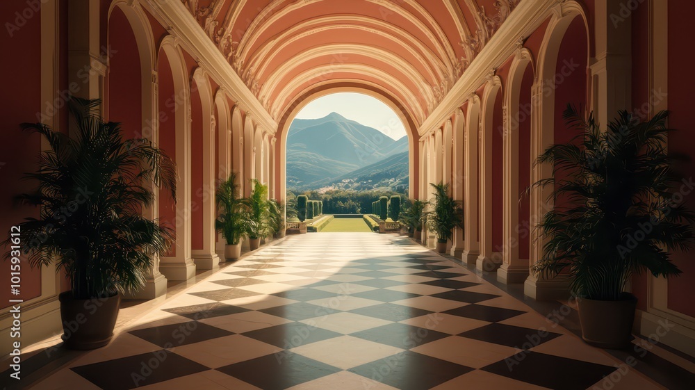 Fototapeta premium An ornate hall featuring high ceilings adorned with intricate frescoes and large arched windows that overlook a beautifully manicured garden.