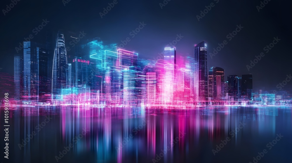 Futuristic Cityscape with Neon Lights and Reflection Futuristic Cityscape with Neon Lights and Reflection