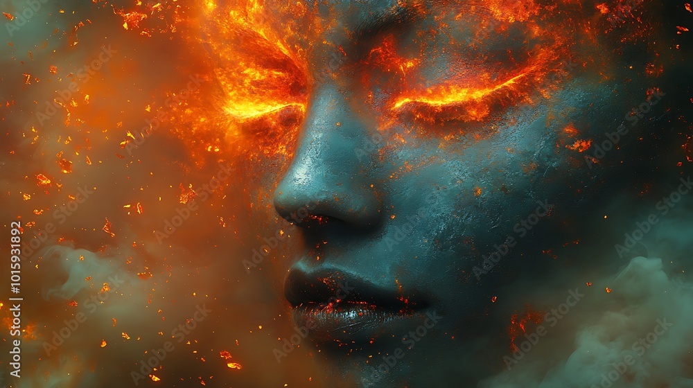 A woman's face is engulfed in flames, her eyes burning bright. A woman's face is engulfed in flames, her eyes burning bright.