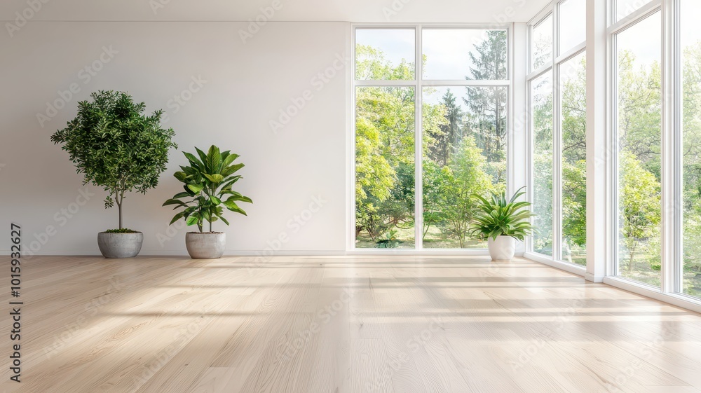 Fototapeta premium A spacious living room featuring an empty wall, characterized by minimalist decor and large windows that allow bright sunlight to flood the space.