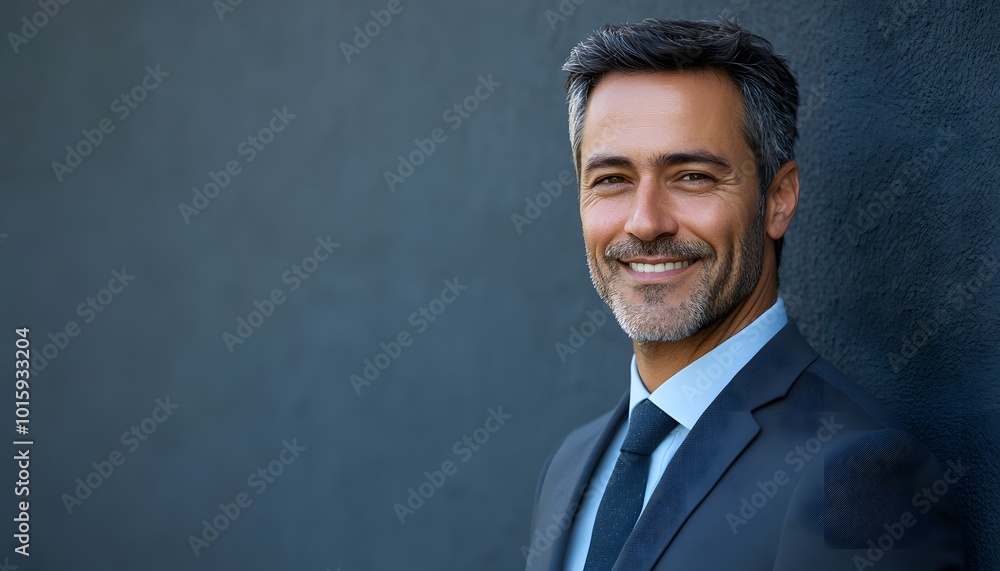 A smiling man in a suit, leaning against a blue wall A smiling man in a suit, leaning against a blue wall