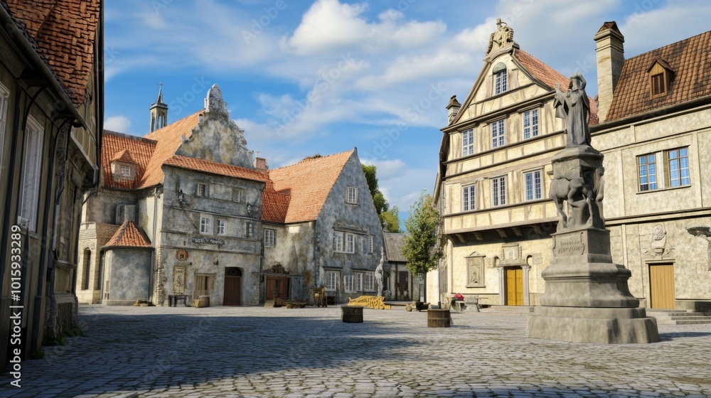 Obraz premium Medieval Town Square with Statue and Cobblestone Street