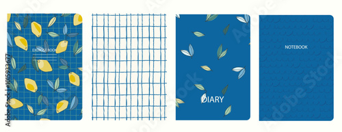 Set of cover page templates with hand drawn lemon. Based on seamless patterns. Headers isolated and replaceable. Perfect for notebooks, notepads, diaries, etc