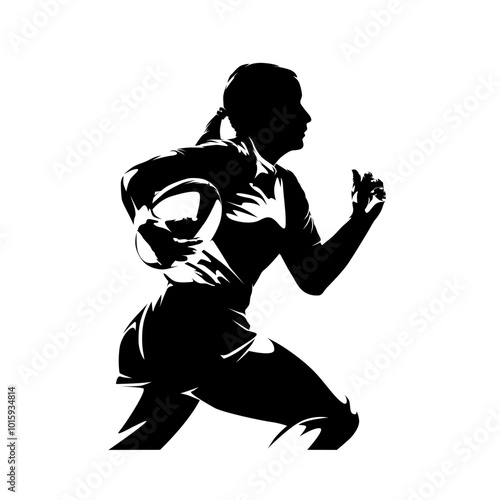 Rugby women, female rugby player running with ball, isolated vector silhouette