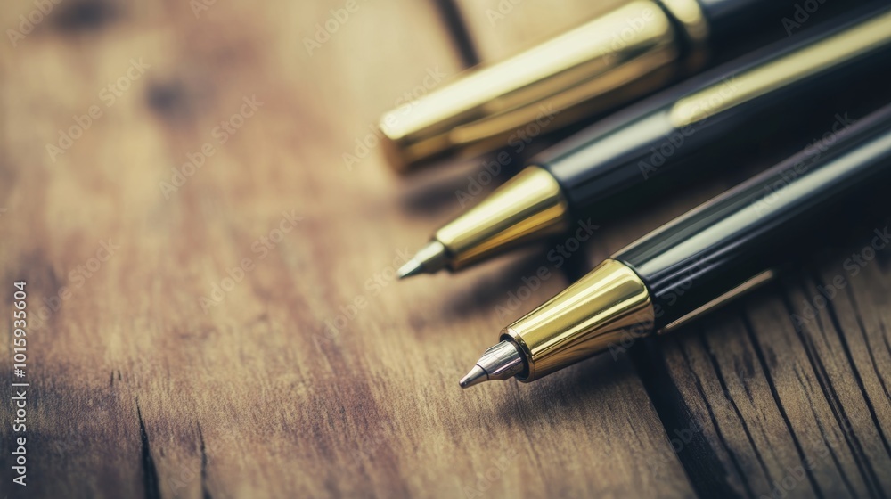 Closeup of Three Elegant Pens on Wooden Desk Closeup of Three Elegant Pens on Wooden Desk