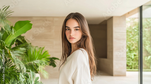 A young woman poses gracefully in a modern living space surrounded by greenery