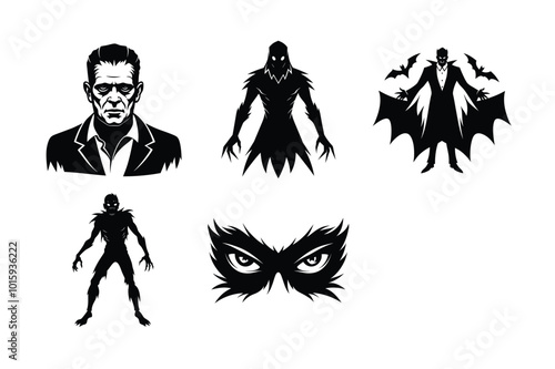 "Halloween Vector Bundle: Frankenstein, Vampires, Zombies, Sinister Eyes Glowing in Dark"