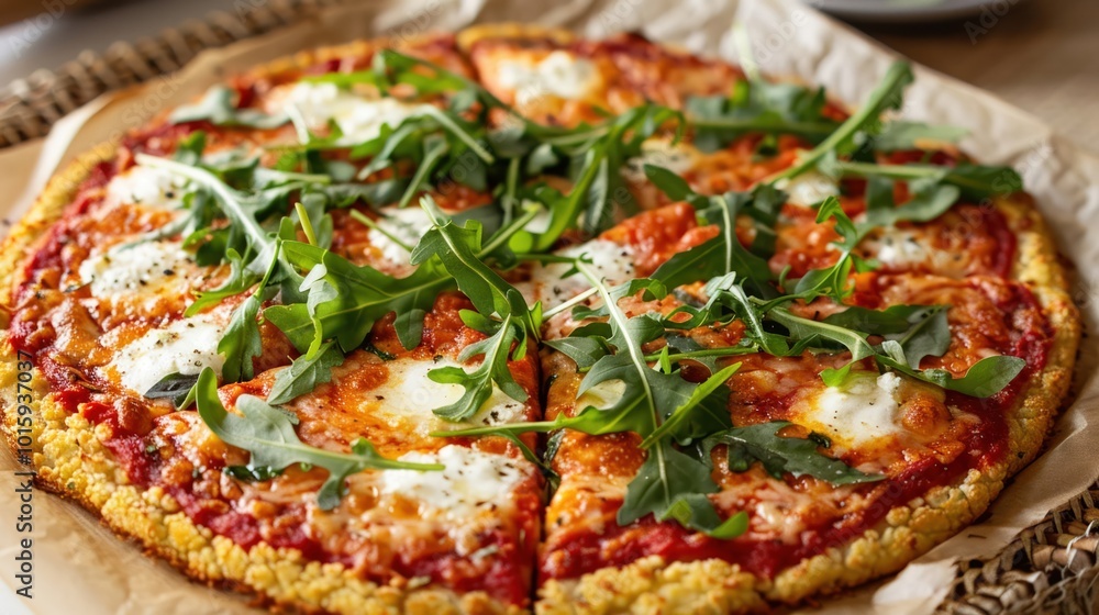 A pizza with a cauliflower crust topped with tomato sauce A pizza with a cauliflower crust topped with tomato sauce