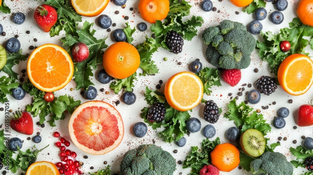Vibrant array of fruits and vegetables on a white table capturing dynamic movement and color Vibrant array of fruits and vegetables on a white table capturing dynamic movement and color