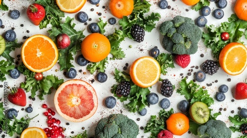 Vibrant array of fruits and vegetables on a white table capturing dynamic movement and color