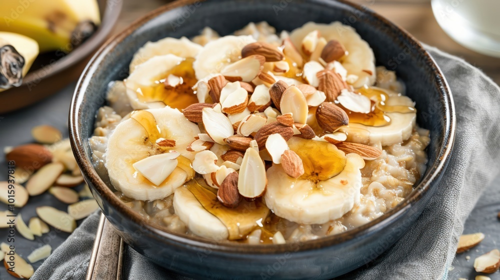 A warm oatmeal bowl topped with sliced almonds banana slices A warm oatmeal bowl topped with sliced almonds banana slices
