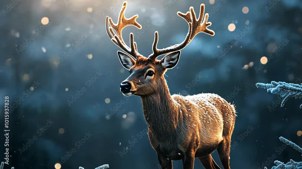 A deer stands in a snowy forest, its antlers covered in frost A deer stands in a snowy forest, its antlers covered in frost