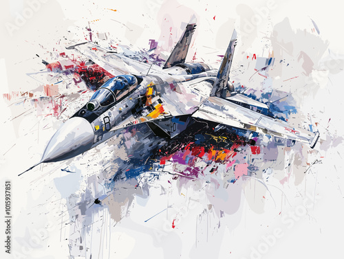 A fighter jet is painted in a very detailed and realistic manner. Concept of power and strength, as the jet is the main focus of the painting. The use of bold colors