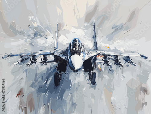 A fighter jet is painted in a very detailed and realistic manner. Concept of power and strength, as the jet is the main focus of the painting. The use of bold colors