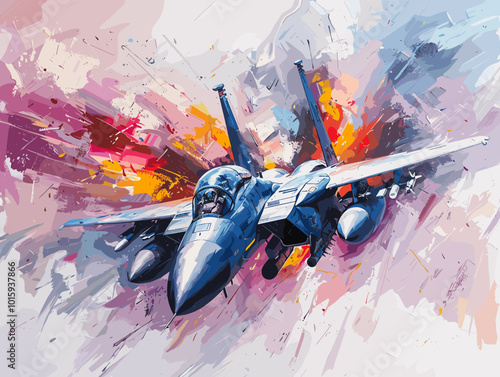 A fighter jet is painted in a very detailed and realistic manner. Concept of power and strength, as the jet is the main focus of the painting. The use of bold colors