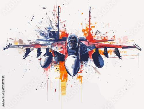 A fighter jet is painted in a very detailed and realistic manner. Concept of power and strength, as the jet is the main focus of the painting. The use of bold colors