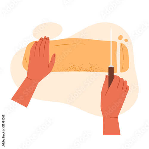 The process of cutting a piece of raw dough from the whole dough with a knife by hand. Baked goods and pizza making. Homemade pastry concept. Isolated vector illustration in cartoon style