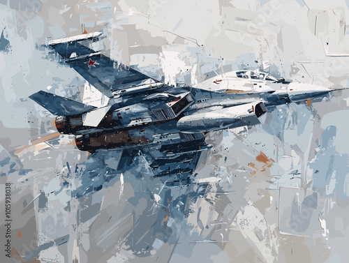A fighter jet is painted in a very detailed and realistic manner. Concept of power and strength, as the jet is the main focus of the painting. The use of bold colors