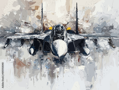 A fighter jet is painted in a very detailed and realistic manner. Concept of power and strength, as the jet is the main focus of the painting. The use of bold colors