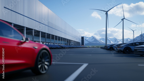 A modern gigafactory complex with metallic facades and solar panels, surrounded by electric vehicles and wind turbines providing sustainable energy on a bright sunny day.