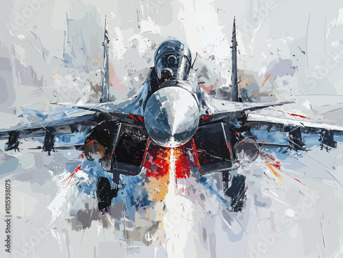 A fighter jet is painted in a very detailed and realistic manner. Concept of power and strength, as the jet is the main focus of the painting. The use of bold colors