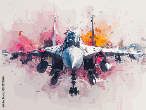 A fighter jet is painted in a very detailed and realistic manner. Concept of power and strength, as the jet is the main focus of the painting. The use of bold colors