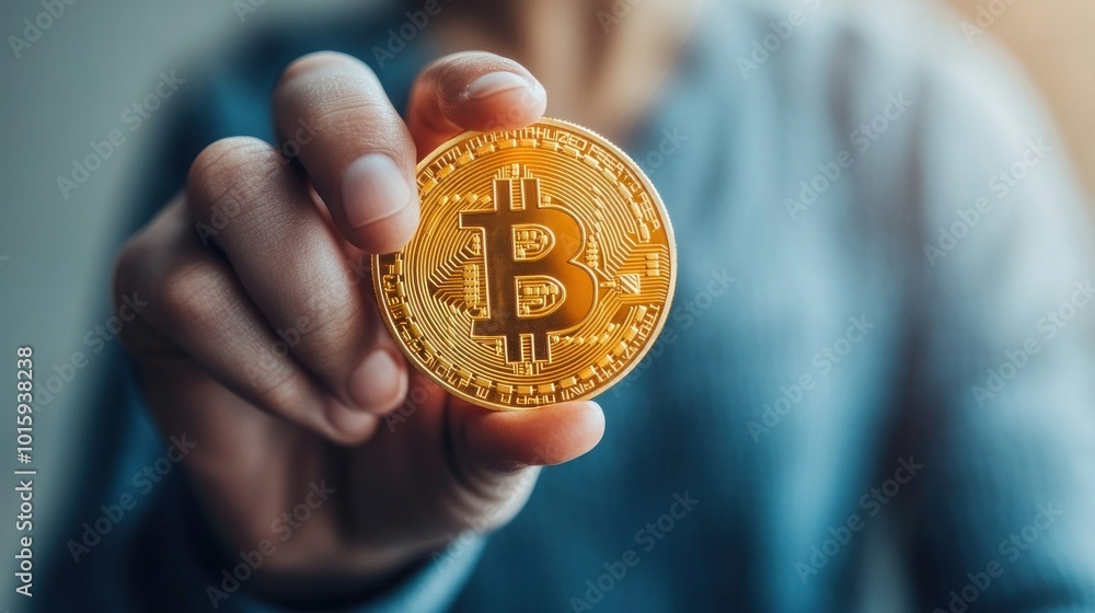 Fototapeta premium Hand Holding Bitcoin Cryptocurrency Coin