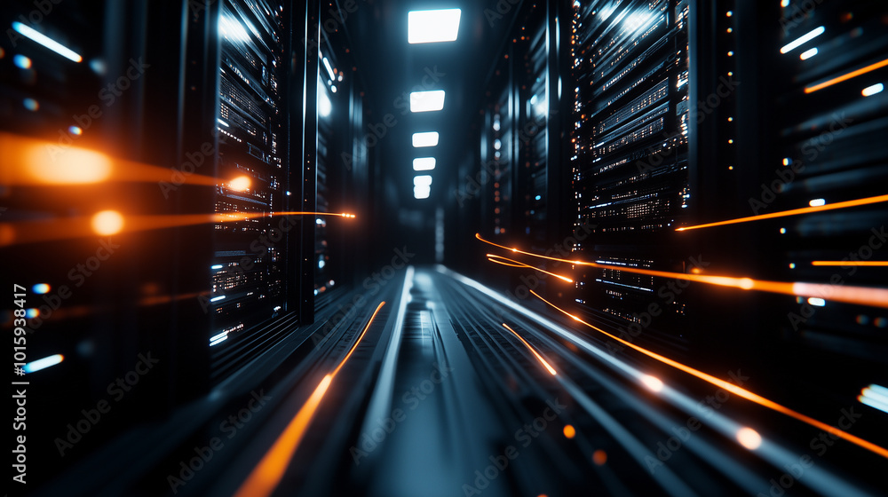 A futuristic telecommunication cluster in a darkened room, where glowing lines of data travel between towering server racks, symbolizing cybersecurity and the flow of information. A futuristic telecommunication cluster in a darkened room, where glowing lines of data travel between towering server racks, symbolizing cybersecurity and the flow of information.
