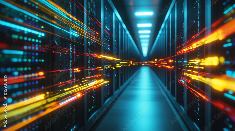 A telecommunication cluster in a dimly lit room, with data flowing between rows of servers as vibrant streaks of light, representing the constant movement of information and the cr A telecommunication cluster in a dimly lit room, with data flowing between rows of servers as vibrant streaks of light, representing the constant movement of information and the cr