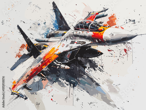 A fighter jet is painted in a very detailed and realistic manner. Concept of power and strength, as the jet is the main focus of the painting. The use of bold colors