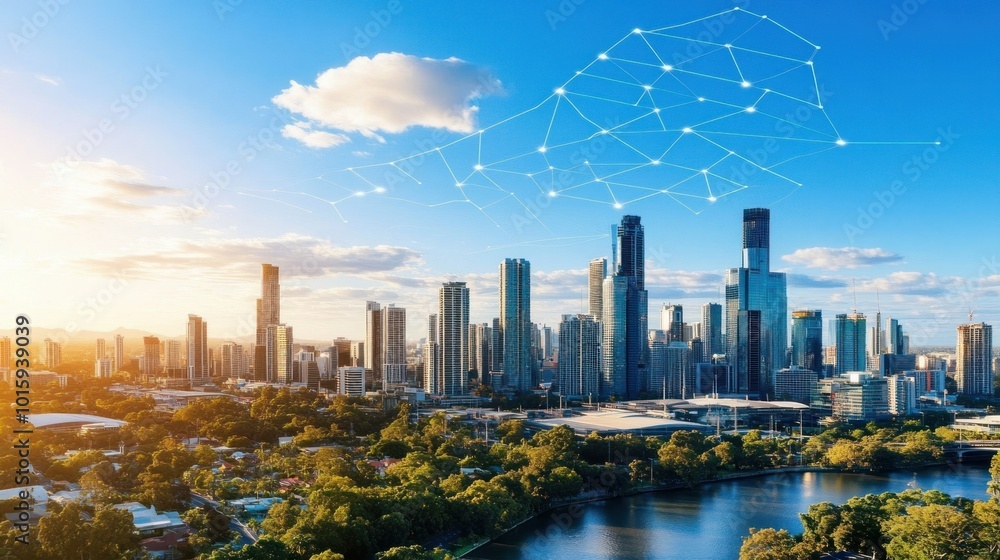 Fototapeta premium Modern Cityscape with Network Connection and River