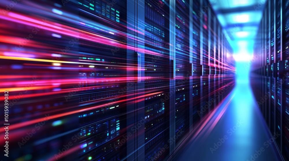 Data represented as glowing lines moving through racks of servers in a state-of-the-art data center, symbolizing the flow of digital information through telecommunication and cloud Data represented as glowing lines moving through racks of servers in a state-of-the-art data center, symbolizing the flow of digital information through telecommunication and cloud