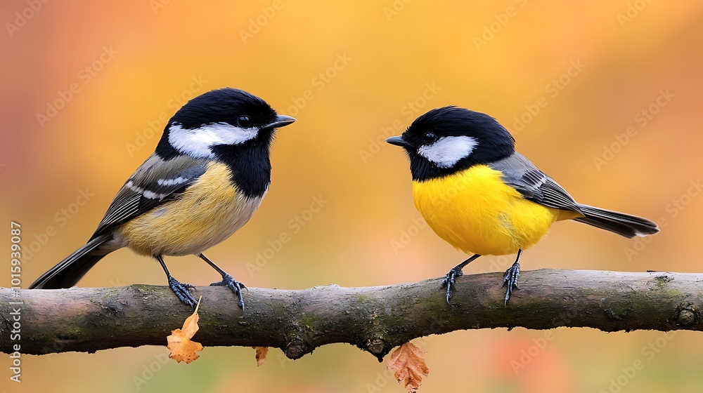 Obraz premium Two small black-capped birds with yellow and white markings perching on a twig with a blurred autumn background.
