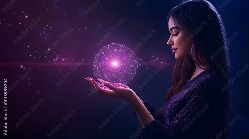 Naklejka premium Woman holding glowing sphere with network connections