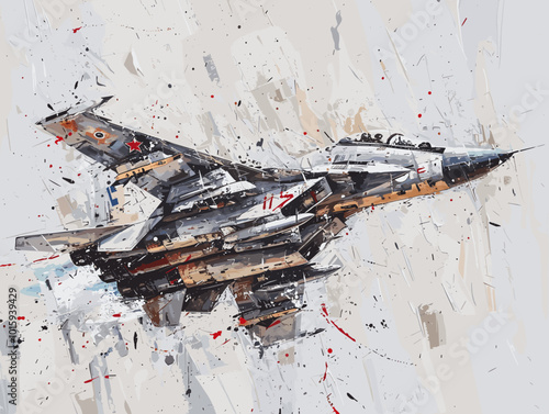 A fighter jet is painted in a very detailed and realistic manner. Concept of power and strength, as the jet is the main focus of the painting. The use of bold colors