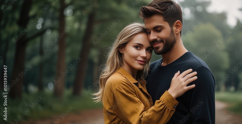 A couple enjoys a tender moment while embracing in a lush green park during a serene afternoon A couple enjoys a tender moment while embracing in a lush green park during a serene afternoon