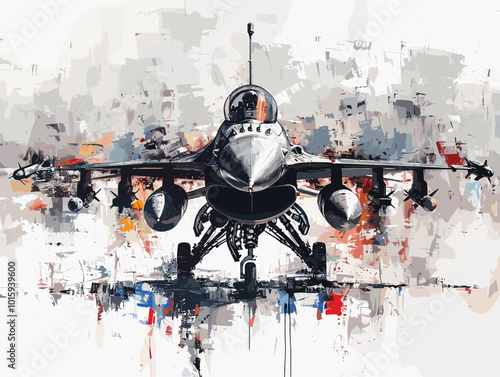 A fighter jet is painted in a very detailed and realistic manner. Concept of power and strength, as the jet is the main focus of the painting. The use of bold colors