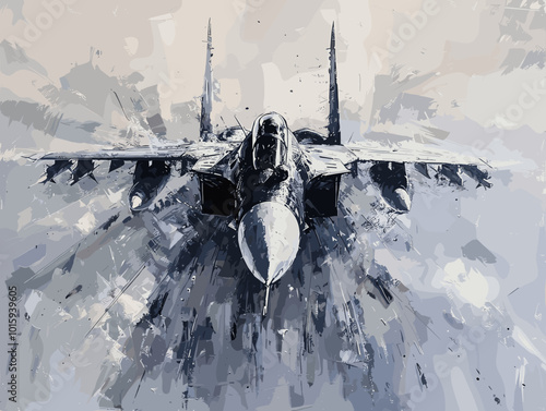 A fighter jet is painted in a very detailed and realistic manner. Concept of power and strength, as the jet is the main focus of the painting. The use of bold colors
