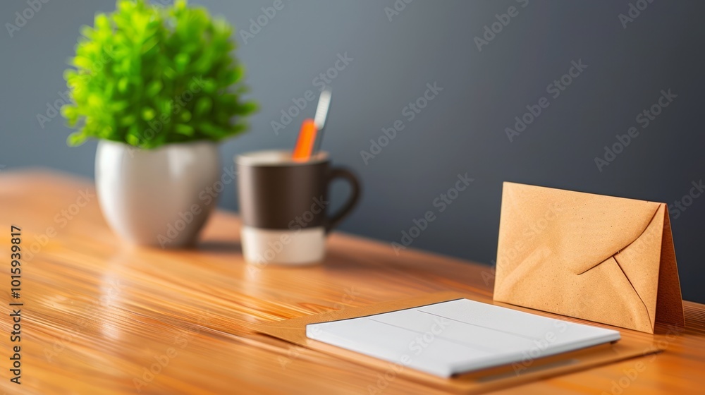 Modern Desk Setup with Stationery and Plant Modern Desk Setup with Stationery and Plant