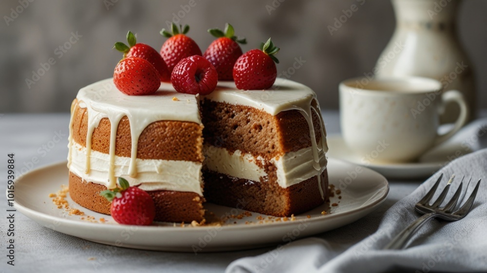 A delicious strawberry layer cake with cream frosting served on a plate, accompanied by coffee on a table setting A delicious strawberry layer cake with cream frosting served on a plate, accompanied by coffee on a table setting