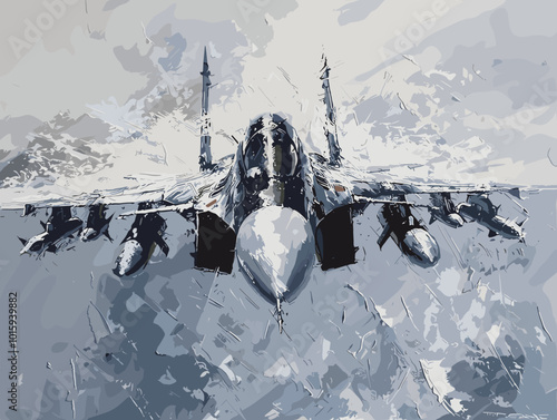 A fighter jet is painted in a very detailed and realistic manner. Concept of power and strength, as the jet is the main focus of the painting. The use of bold colors