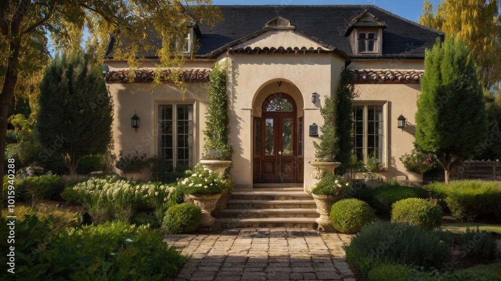 A charming home surrounded by lush greenery and vibrant gardens in a serene neighborhood during daylight A charming home surrounded by lush greenery and vibrant gardens in a serene neighborhood during daylight