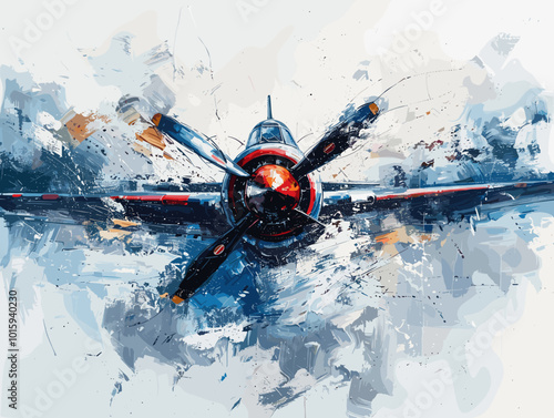 A fighter jet is painted in a very detailed and realistic manner. Concept of power and strength, as the jet is the main focus of the painting. The use of bold colors