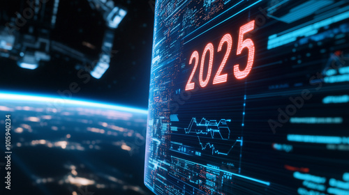 The number "2025" glowing on a space station screen, representing human achievements in space exploration and technological breakthroughs for the future.