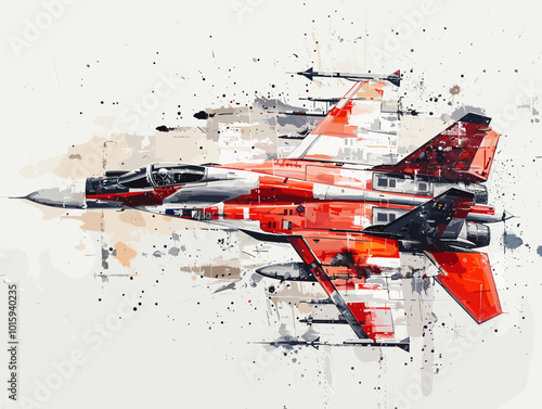 A fighter jet is painted in a very detailed and realistic manner. Concept of power and strength, as the jet is the main focus of the painting. The use of bold colors