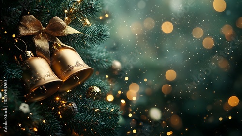 Two golden bells with a bow hanging on a Christmas tree with golden lights and a blurry background.